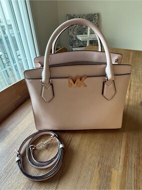 Michael Kors Pink Leather Saffiano Satchel/Crossbody with Rose Gold MK Hardware